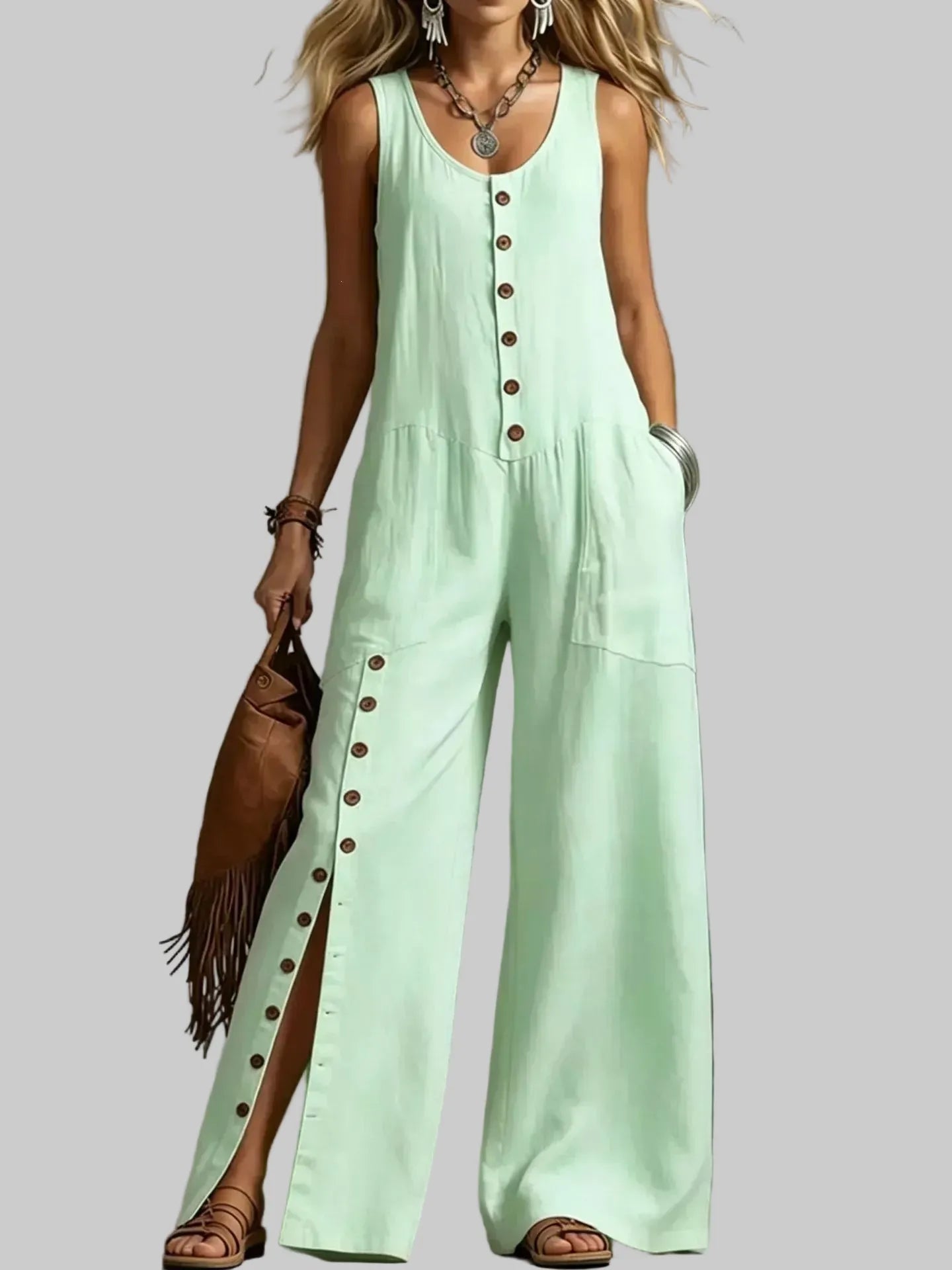 Sleeveless Button-Front Wide-Leg Jumpsuit Green / S The Nichole Collection - Official Site