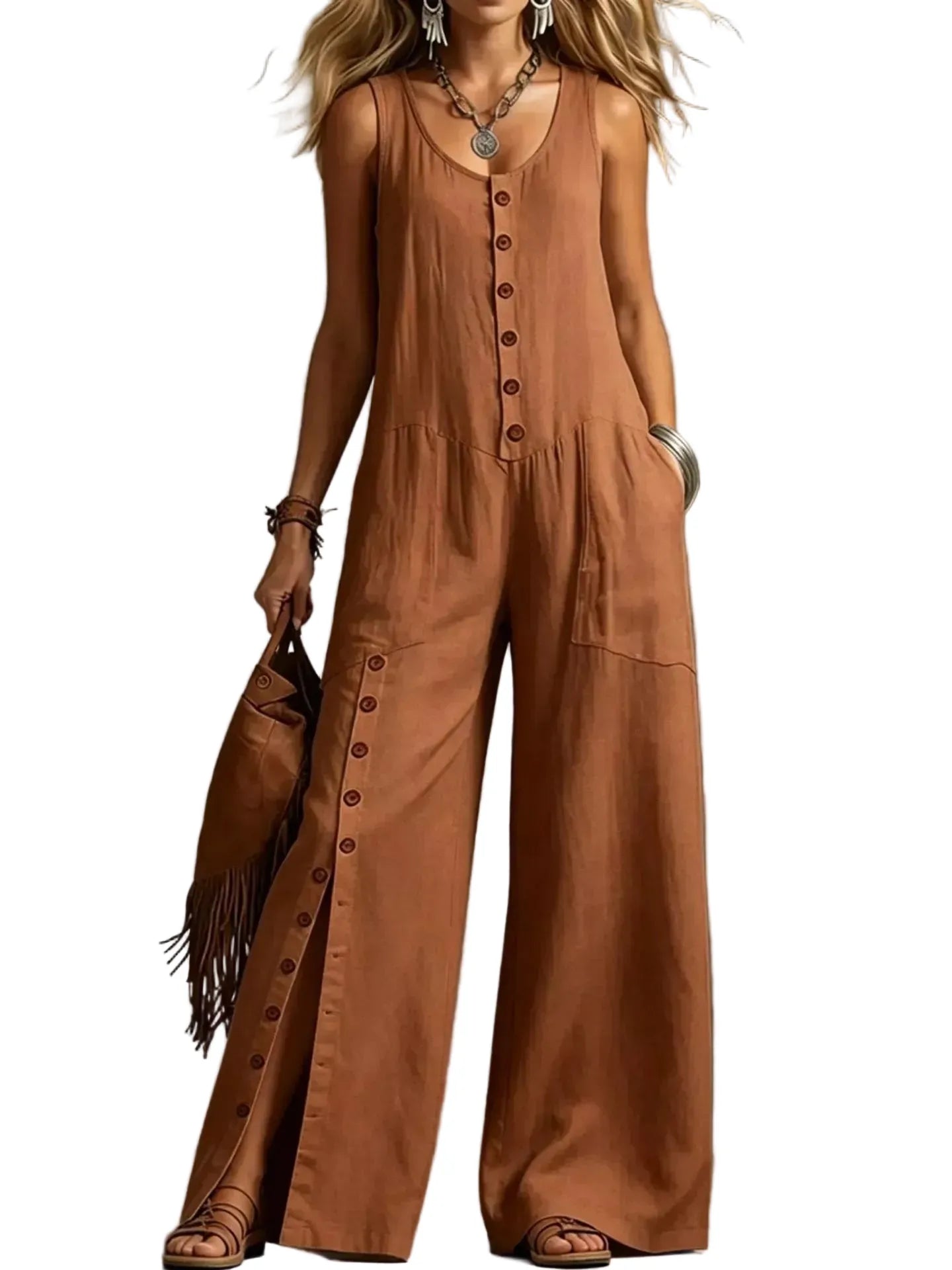 Sleeveless Button-Front Wide-Leg Jumpsuit Caramel Color / S The Nichole Collection - Official Site