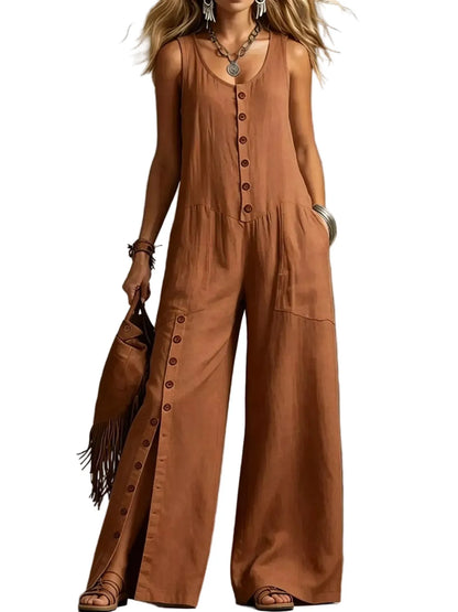 Sleeveless Button-Front Wide-Leg Jumpsuit Caramel Color / S The Nichole Collection - Official Site