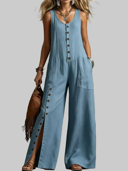 Sleeveless Button-Front Wide-Leg Jumpsuit Blue / S The Nichole Collection - Official Site