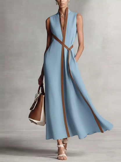 Sleeveless Contrast Trim Midi Dress Dusty Blue / S The Nichole Collection - Official Site