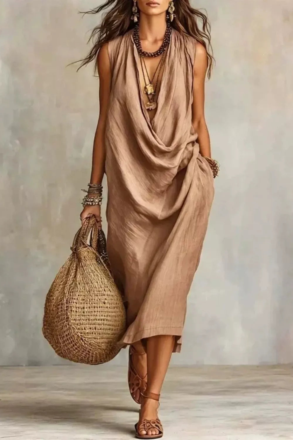 Sleeveless Drape Neck Midi Dress with Pockets Tan / S The Nichole Collection - Official Site