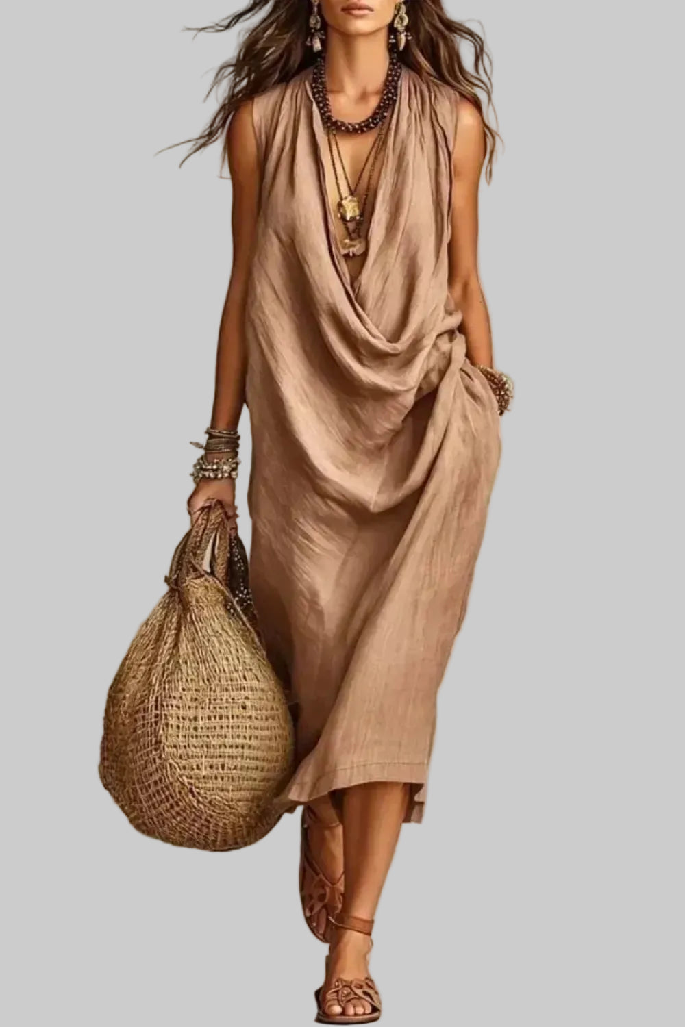 Sleeveless Drape Neck Midi Dress with Pockets Tan / S The Nichole Collection - Official Site