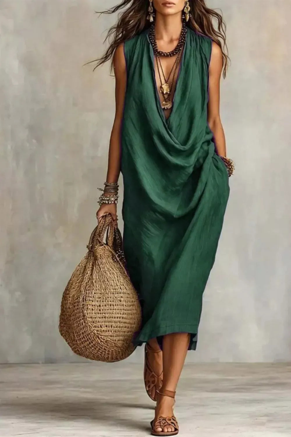 Sleeveless Drape Neck Midi Dress with Pockets Dark Green / S The Nichole Collection - Official Site