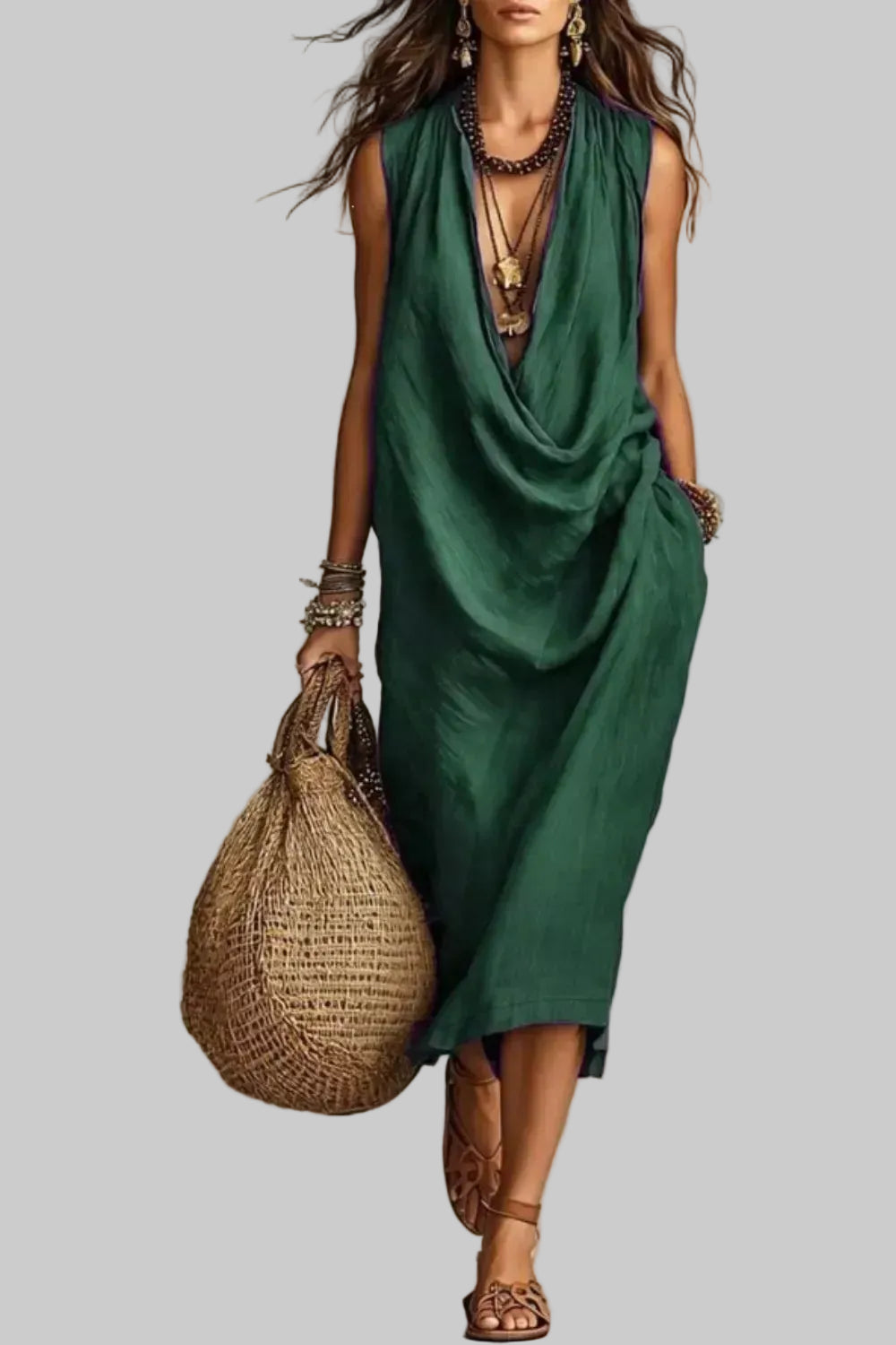 Sleeveless Drape Neck Midi Dress with Pockets Dark Green / S The Nichole Collection - Official Site