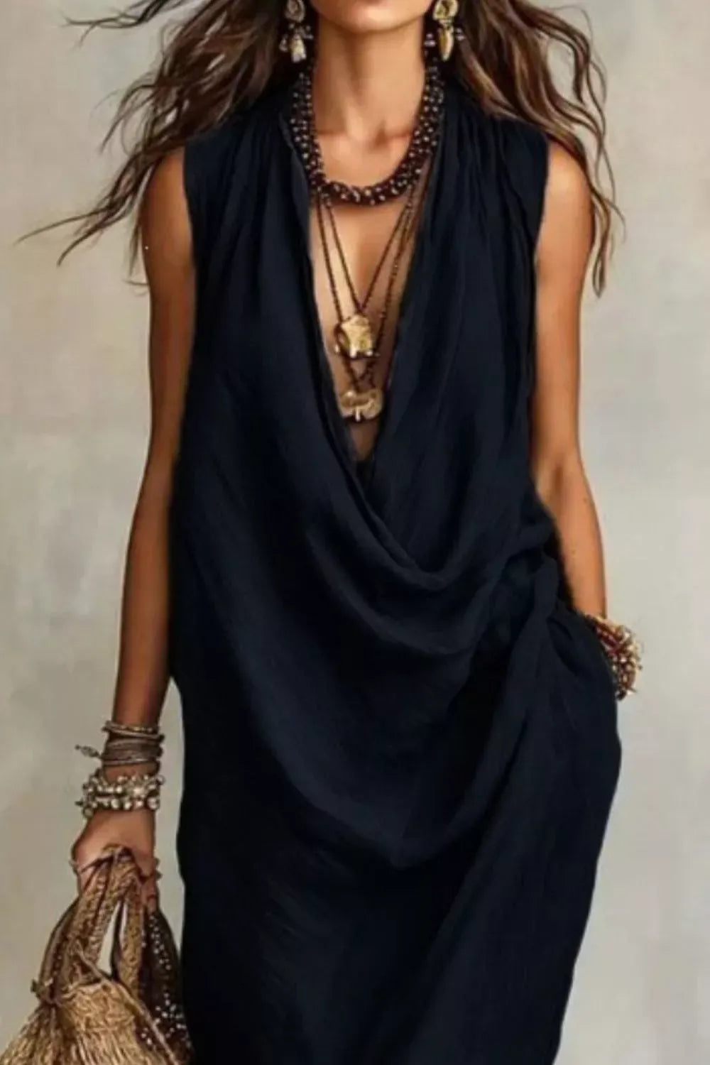 Sleeveless Drape Neck Midi Dress with Pockets The Nichole Collection - Official Site