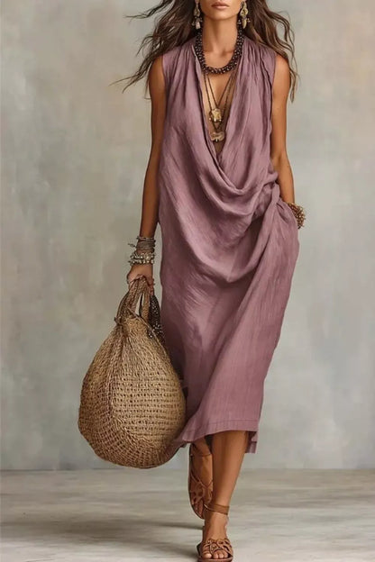 Sleeveless Drape Neck Midi Dress with Pockets Dusty Pink / S The Nichole Collection - Official Site