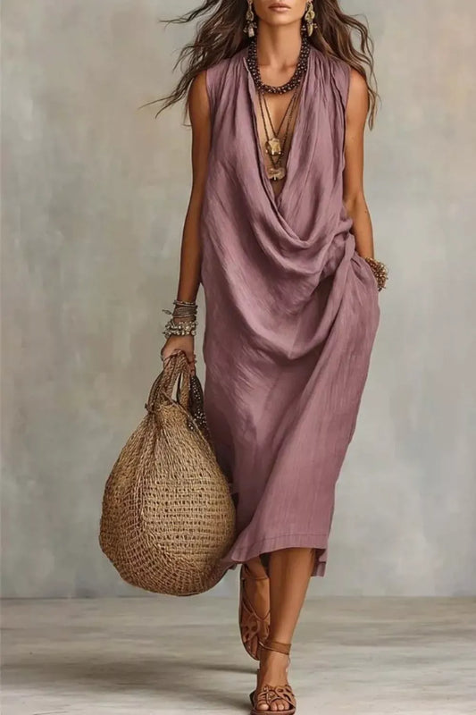 Sleeveless Drape Neck Midi Dress with Pockets Dusty Pink / S The Nichole Collection - Official Site