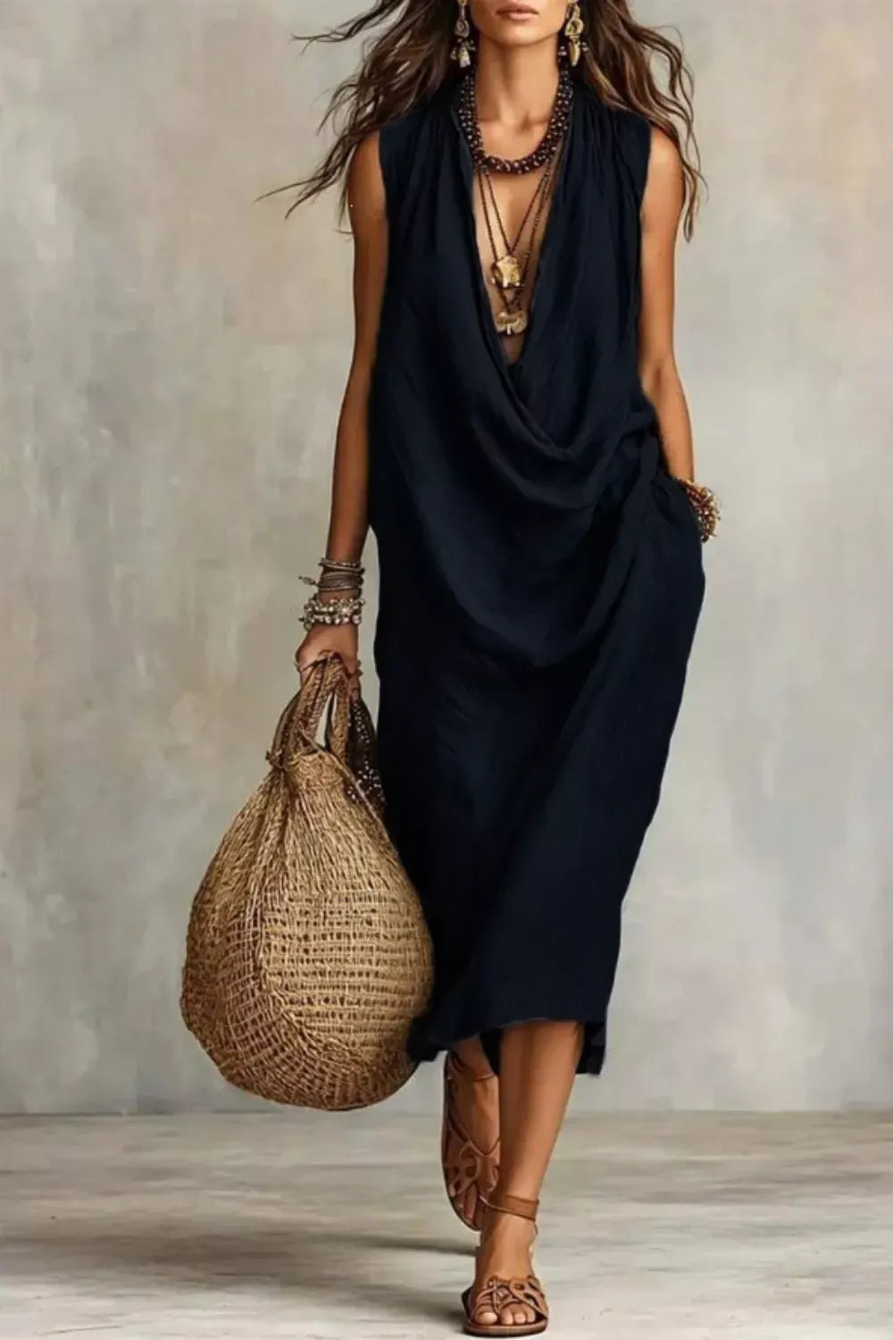 Sleeveless Drape Neck Midi Dress with Pockets Black / S The Nichole Collection - Official Site