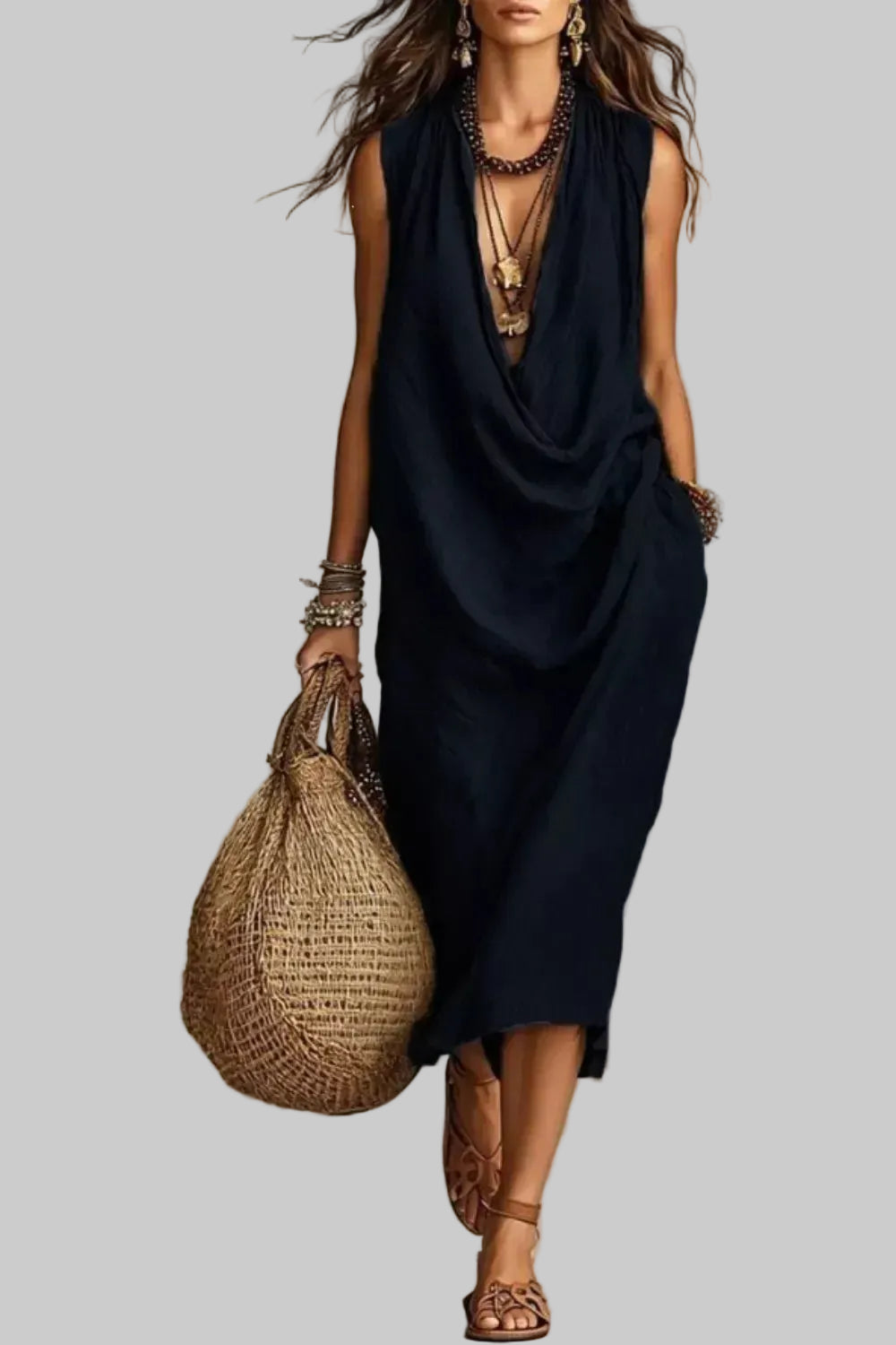 Sleeveless Drape Neck Midi Dress with Pockets Black / S The Nichole Collection - Official Site