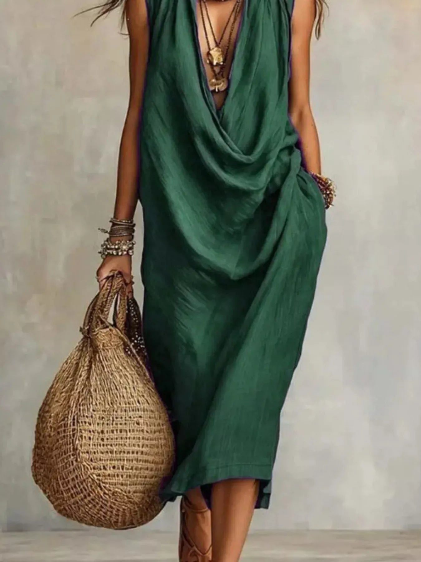 Sleeveless Drape Neck Midi Dress with Pockets The Nichole Collection - Official Site