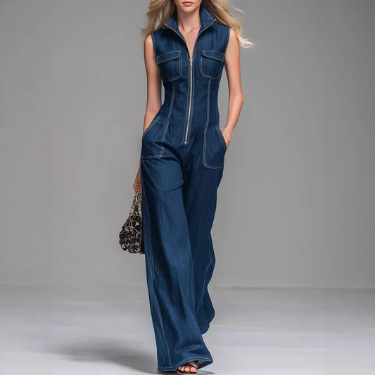 Sleeveless High-Waist Denim Cargo Jumpsuit – Wide Leg Workday Style Dark blue / S The Nichole Collection
