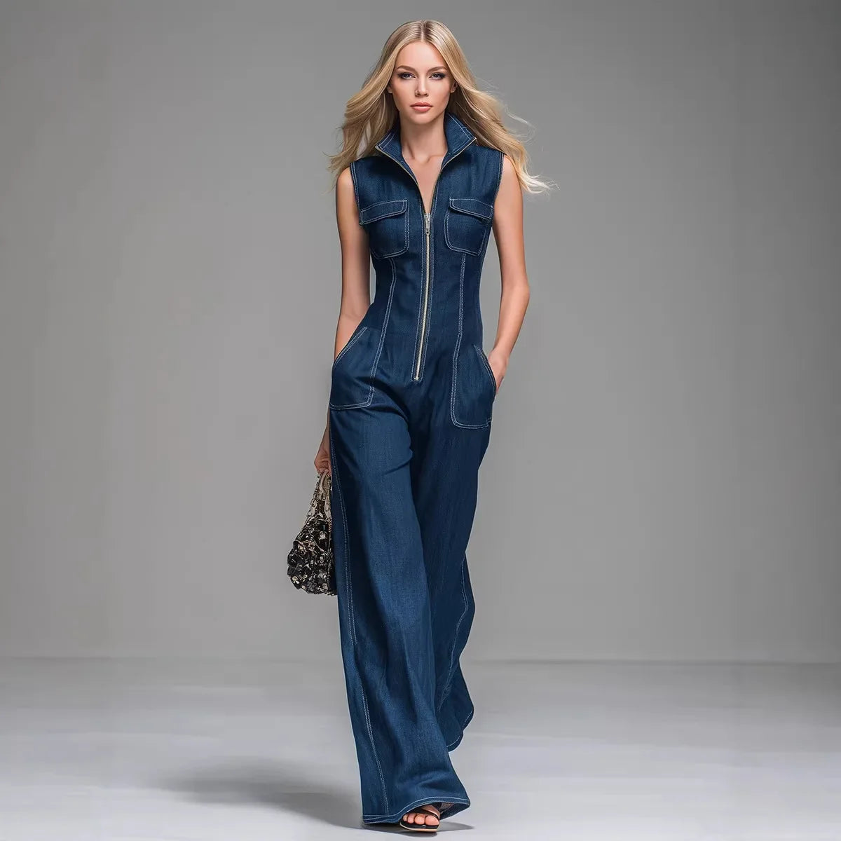 Sleeveless High-Waist Denim Cargo Jumpsuit – Wide Leg Workday Style The Nichole Collection