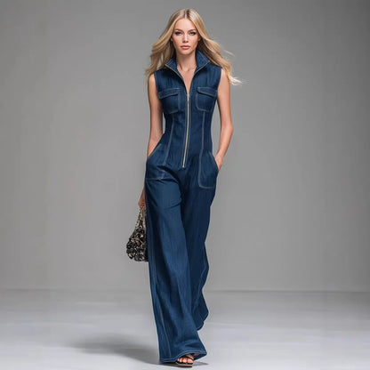 Sleeveless High-Waist Denim Cargo Jumpsuit – Wide Leg Workday Style The Nichole Collection