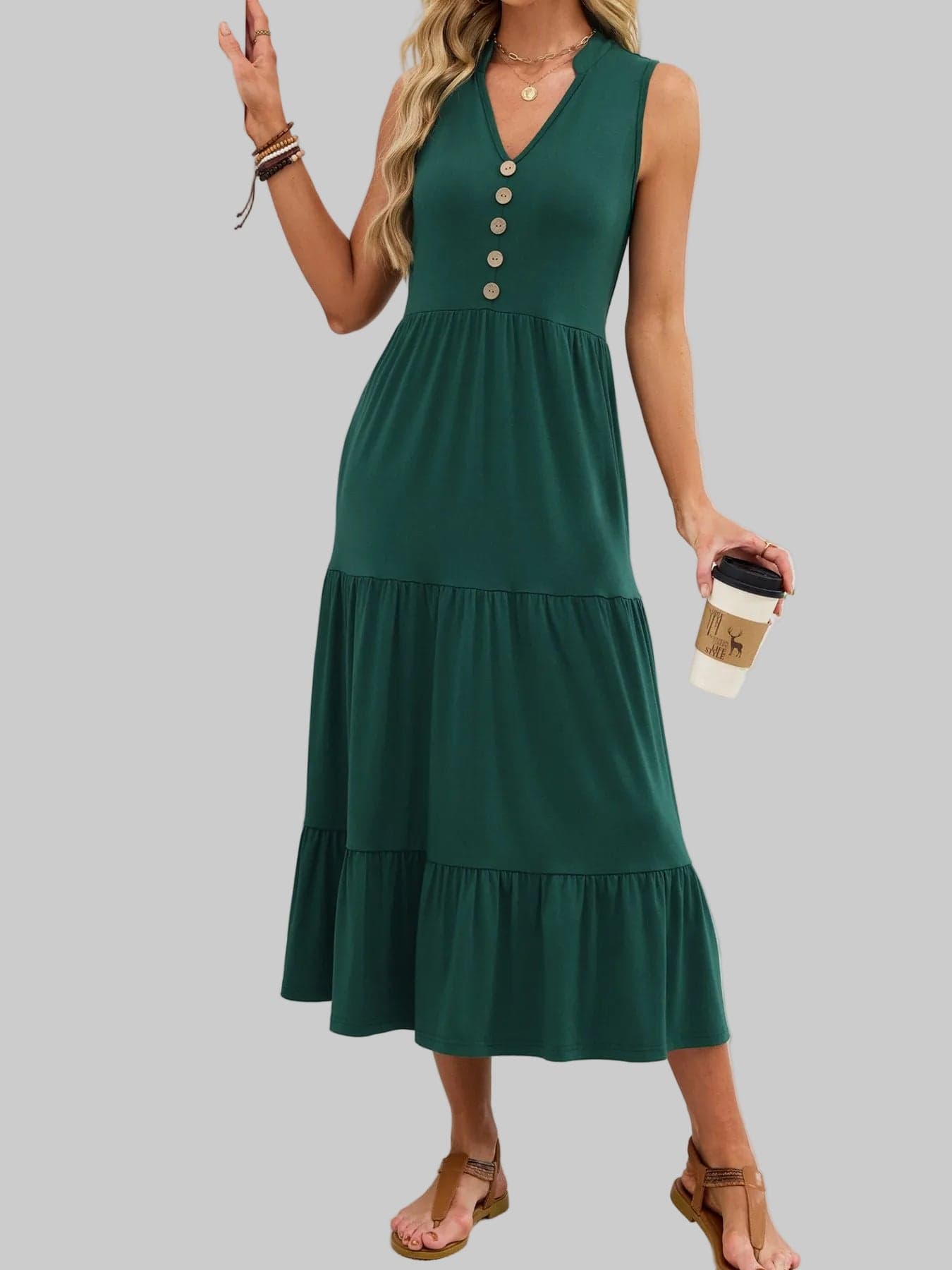 Sleeveless Notched Tiered Midi Dress Dark Green / S Dresses The Nichole Collection