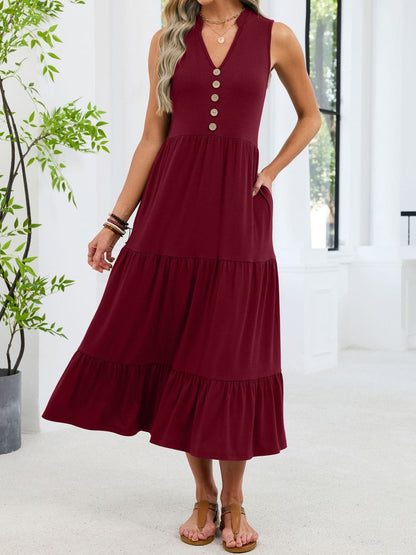 Sleeveless Notched Tiered Midi Dress Burgundy / S Dresses The Nichole Collection