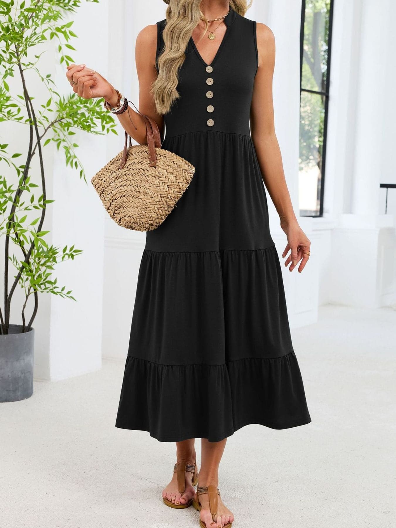 Sleeveless Notched Tiered Midi Dress Black / S Dresses The Nichole Collection