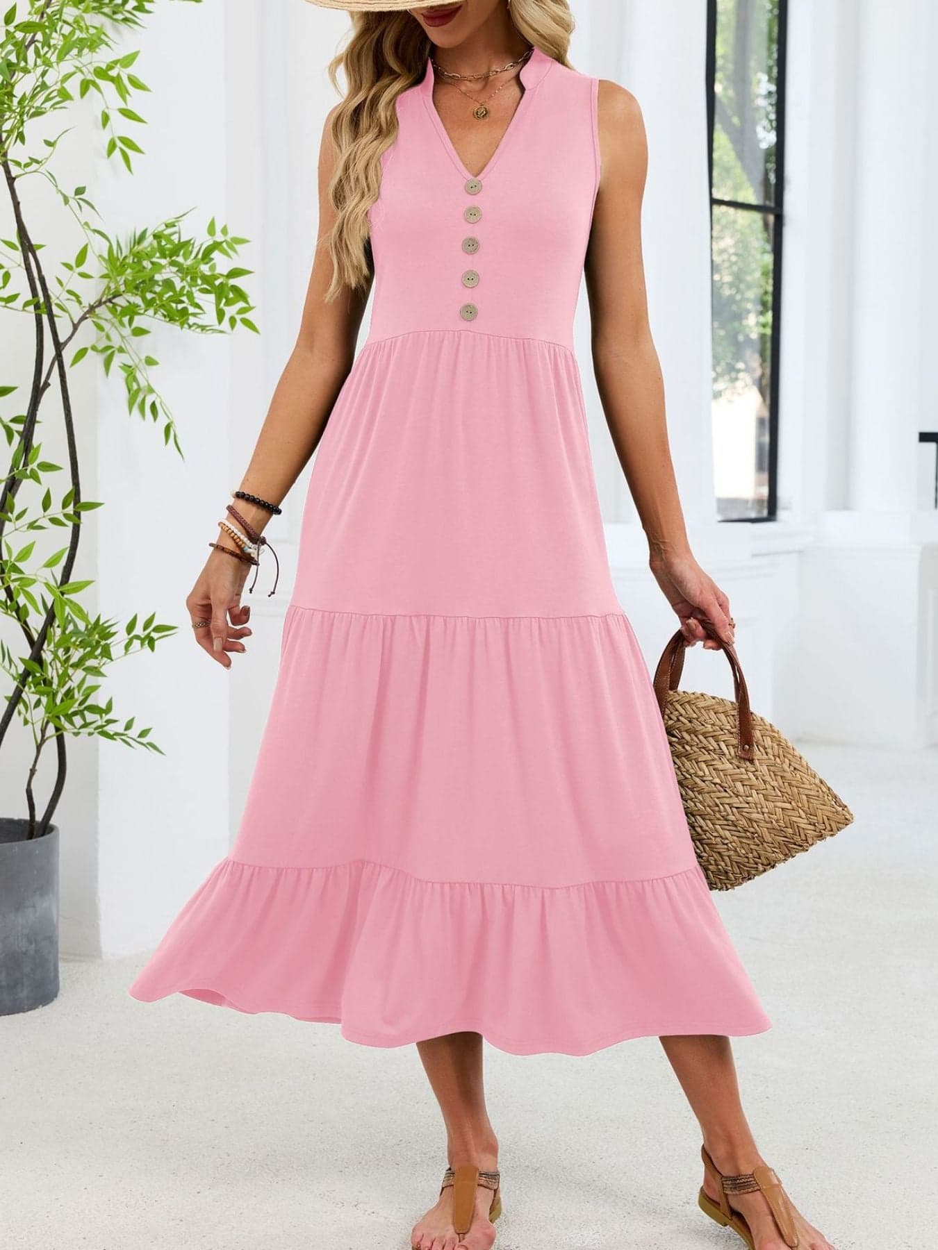 Sleeveless Notched Tiered Midi Dress Pink / S Dresses The Nichole Collection
