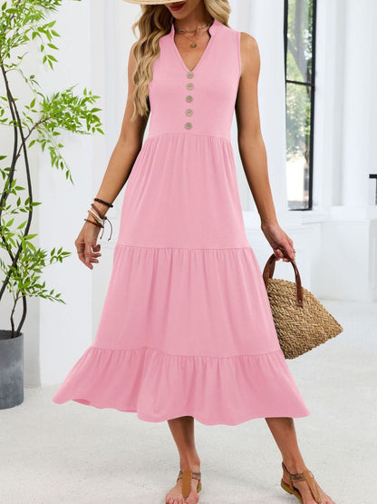 Sleeveless Notched Tiered Midi Dress Pink / S Dresses The Nichole Collection