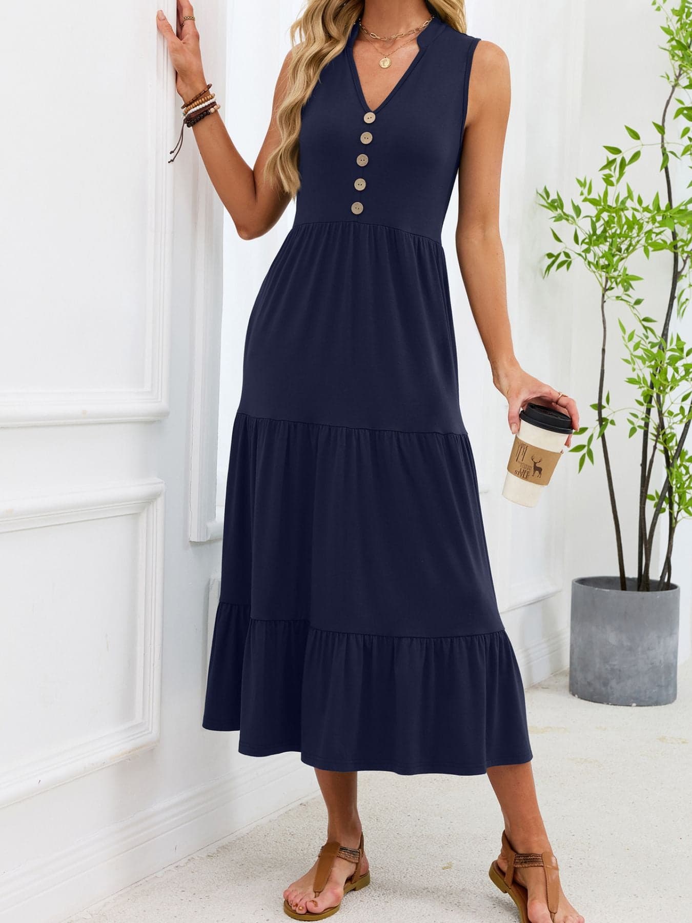 Sleeveless Notched Tiered Midi Dress Navy / S Dresses The Nichole Collection