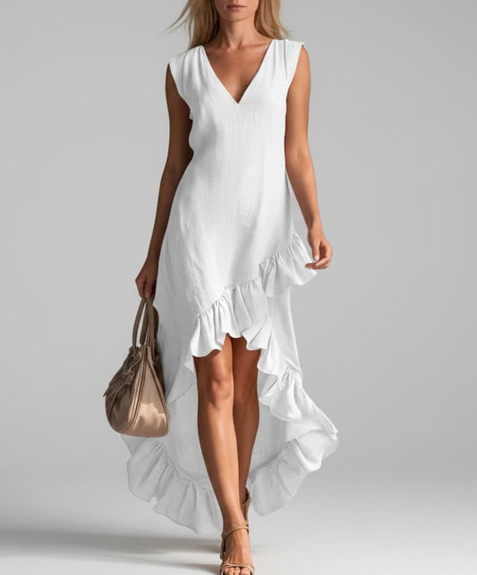 Sleeveless V-Neck Ruffle Hem High-Low Dress Beige / S Dresses The Nichole Collection - Official Site