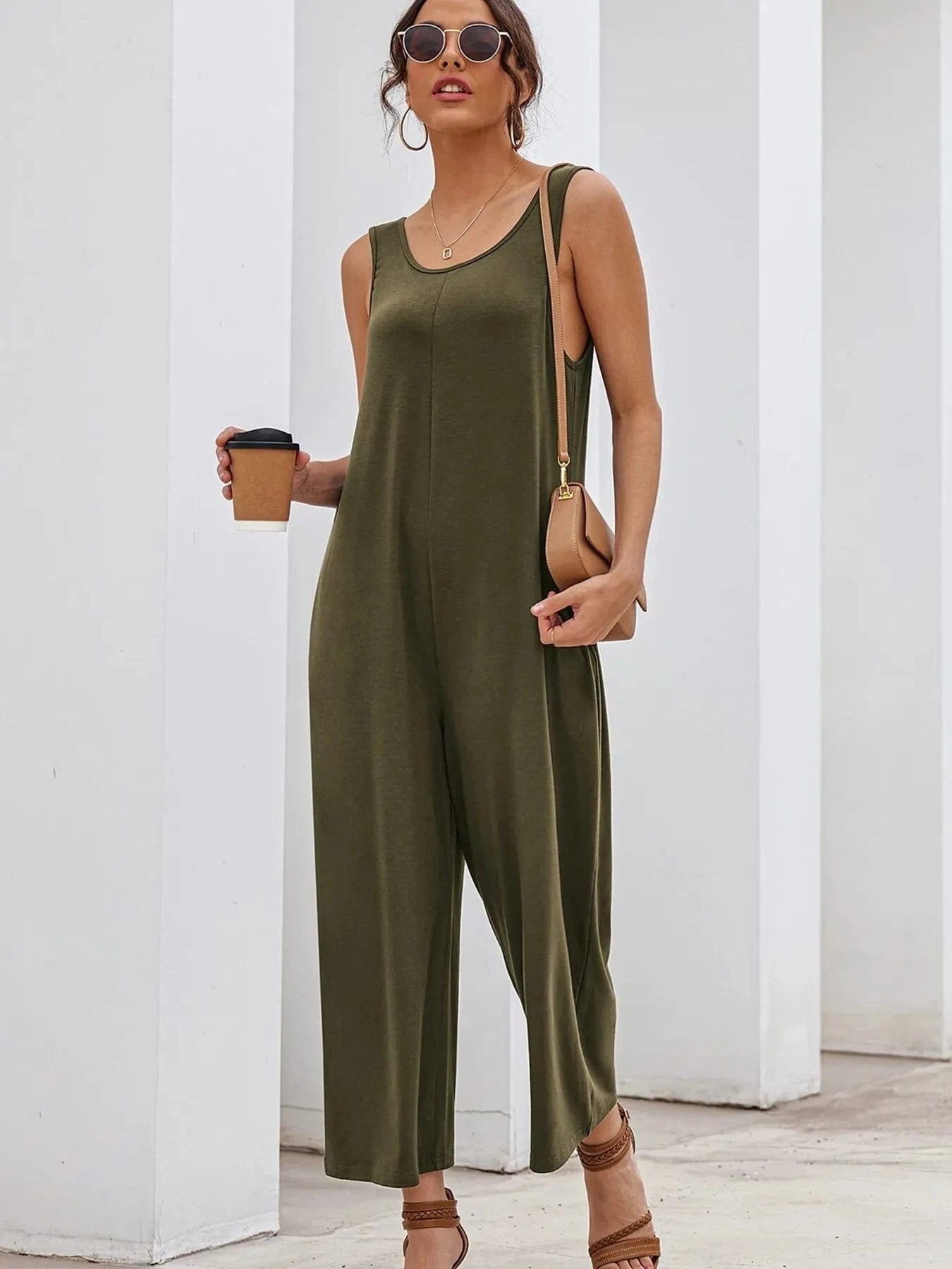Sleeveless Wide Leg Casual Jumpsuit Army Green / S The Nichole Collection