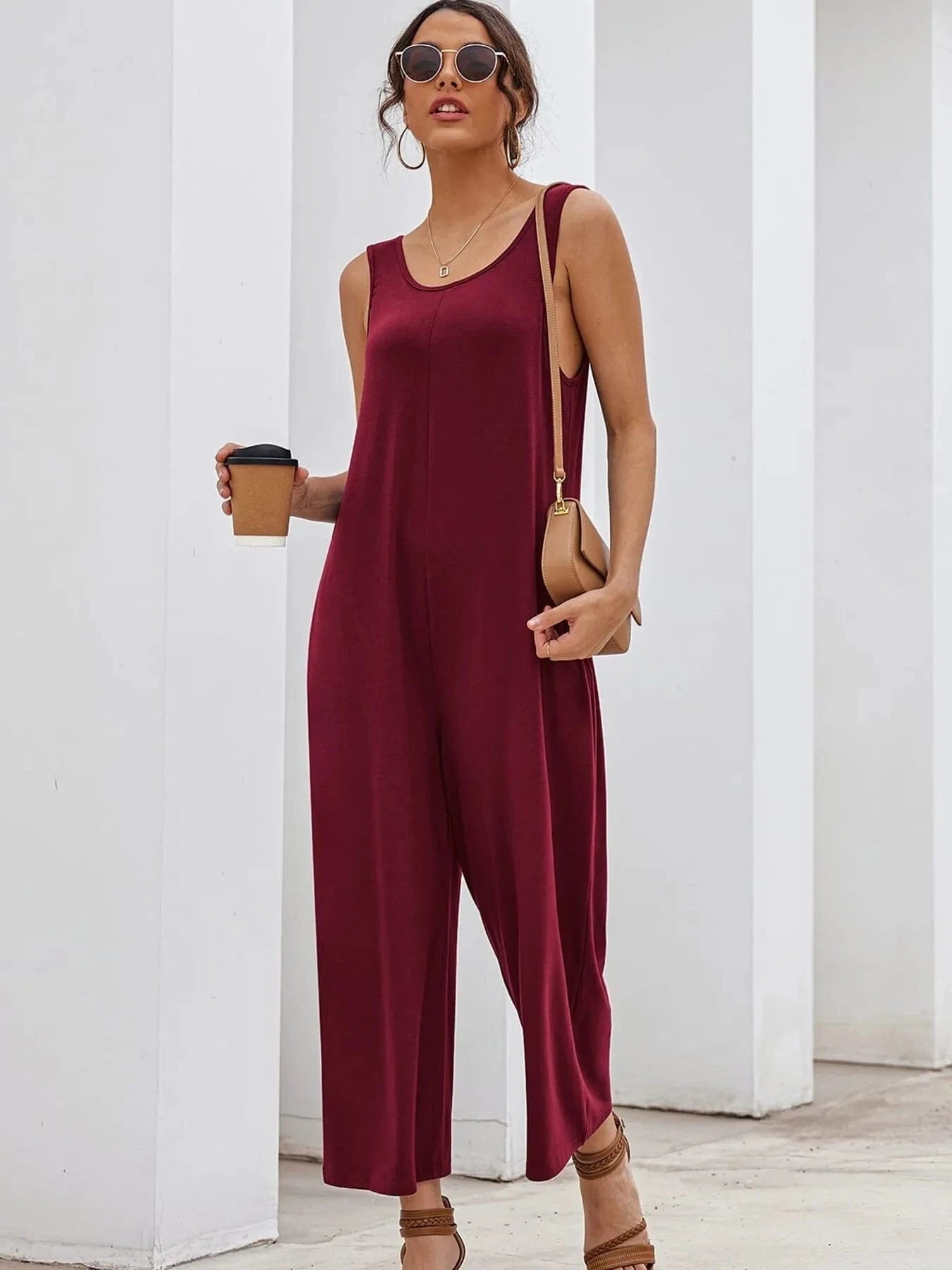 Sleeveless Wide Leg Casual Jumpsuit Burgundy / S The Nichole Collection