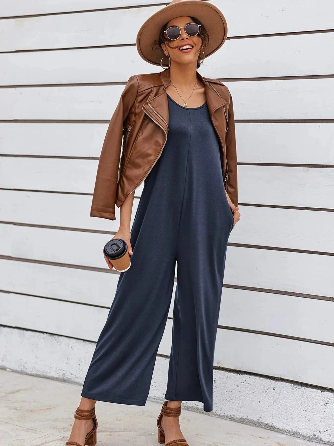 Sleeveless Wide Leg Casual Jumpsuit Navy / S The Nichole Collection
