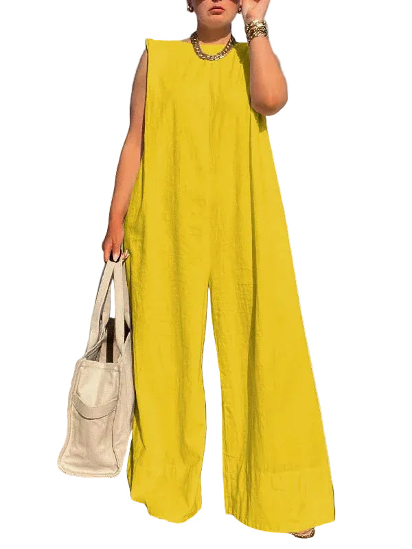 Sleeveless Wide Leg Cotton Jumpsuit – Casual Summer Overalls YELLOW / S The Nichole Collection