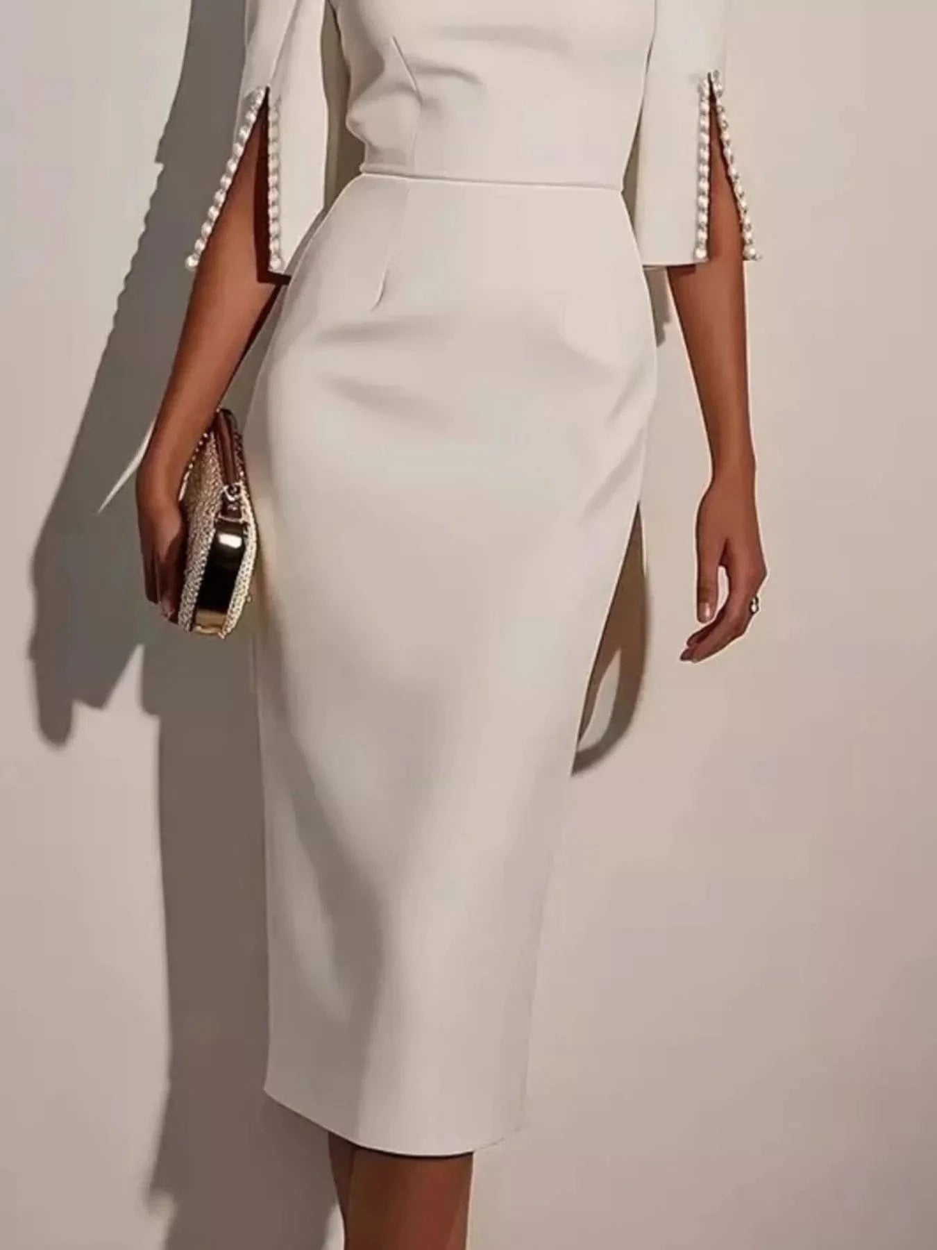 Slim-Fit Elegant Midi Dress with Beaded Slit Sleeve Pink / M Slim-Fit Elegant Midi Dress with Beaded Slit Sleeve Pink / M