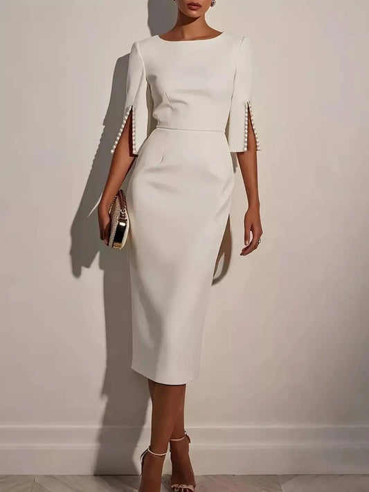 Slim-Fit Elegant Midi Dress with Beaded Slit Sleeve White / S Trendsi