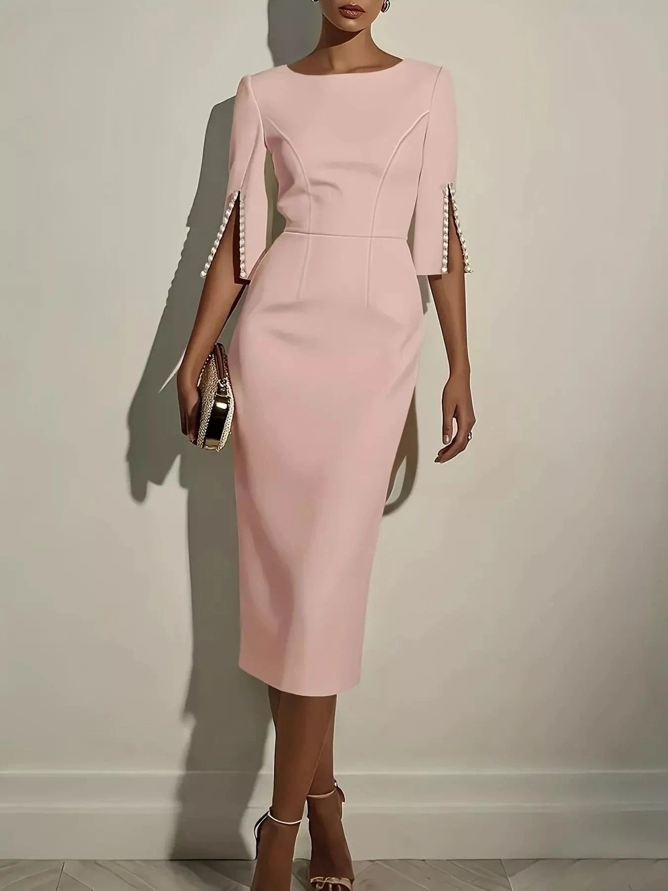 Women's Slim-Fit Elegant Midi Dress with Beaded Slit Sleeve