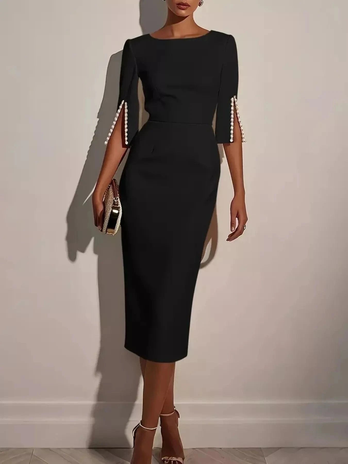 Slim-Fit Elegant Midi Dress with Beaded Slit Sleeve Black / S Trendsi