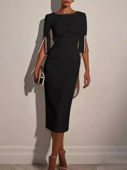 Slim-Fit Elegant Midi Dress with Beaded Slit Sleeve Black / S Trendsi