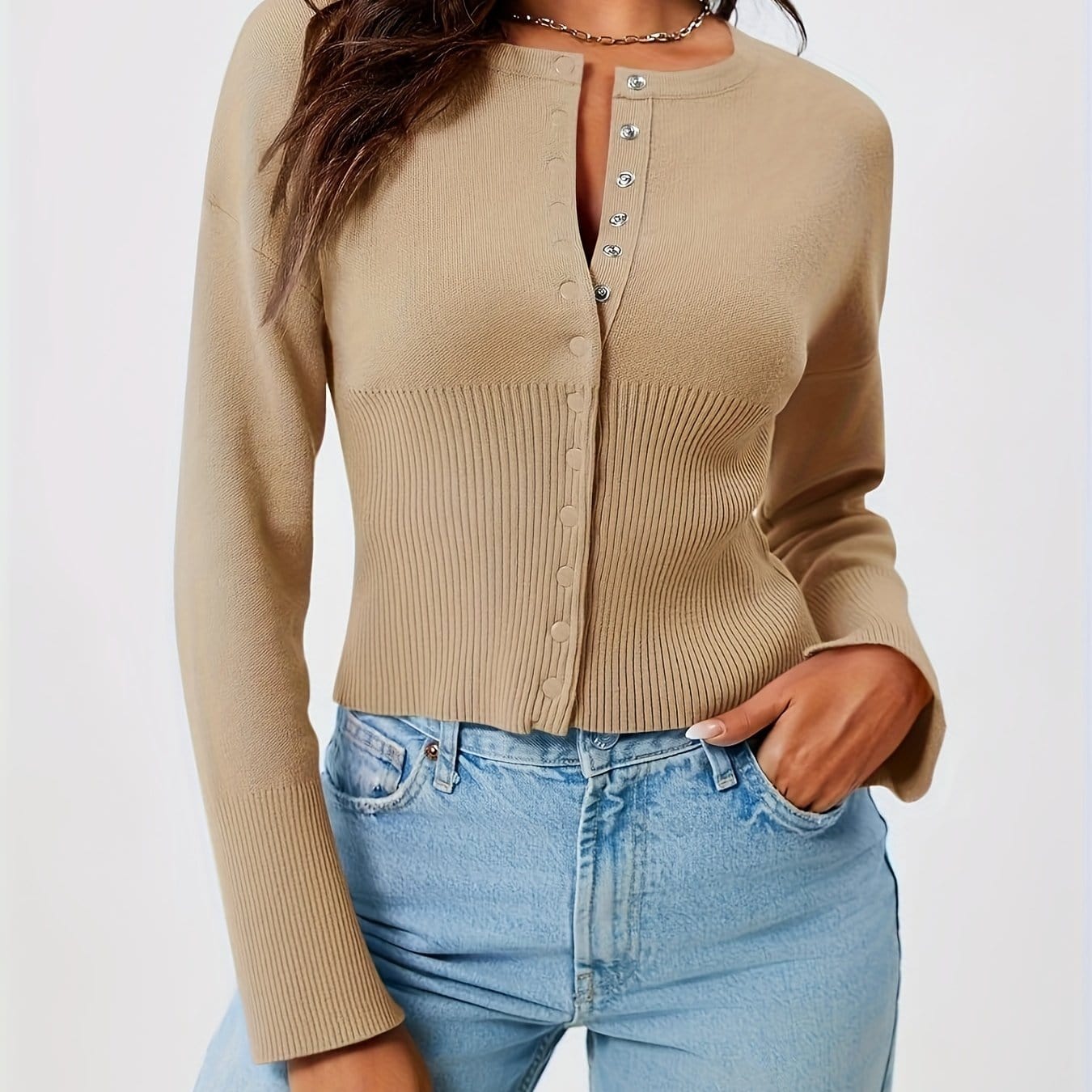 Slim Fit Ribbed Knit Crop Sweater Sweaters Camel / S The Nichole Collection