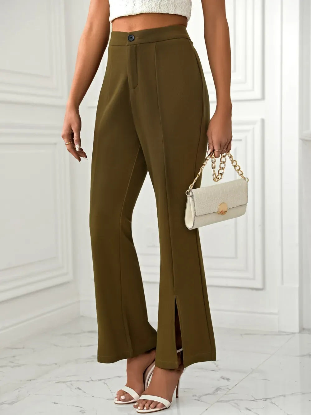 Slit Flare Pants with Pockets Dress Pants Olive Brown / XS The Nichole Collection