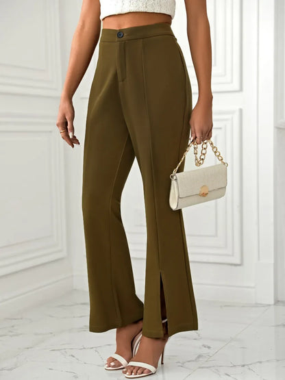 Slit Flare Pants with Pockets Dress Pants Olive Brown / XS The Nichole Collection
