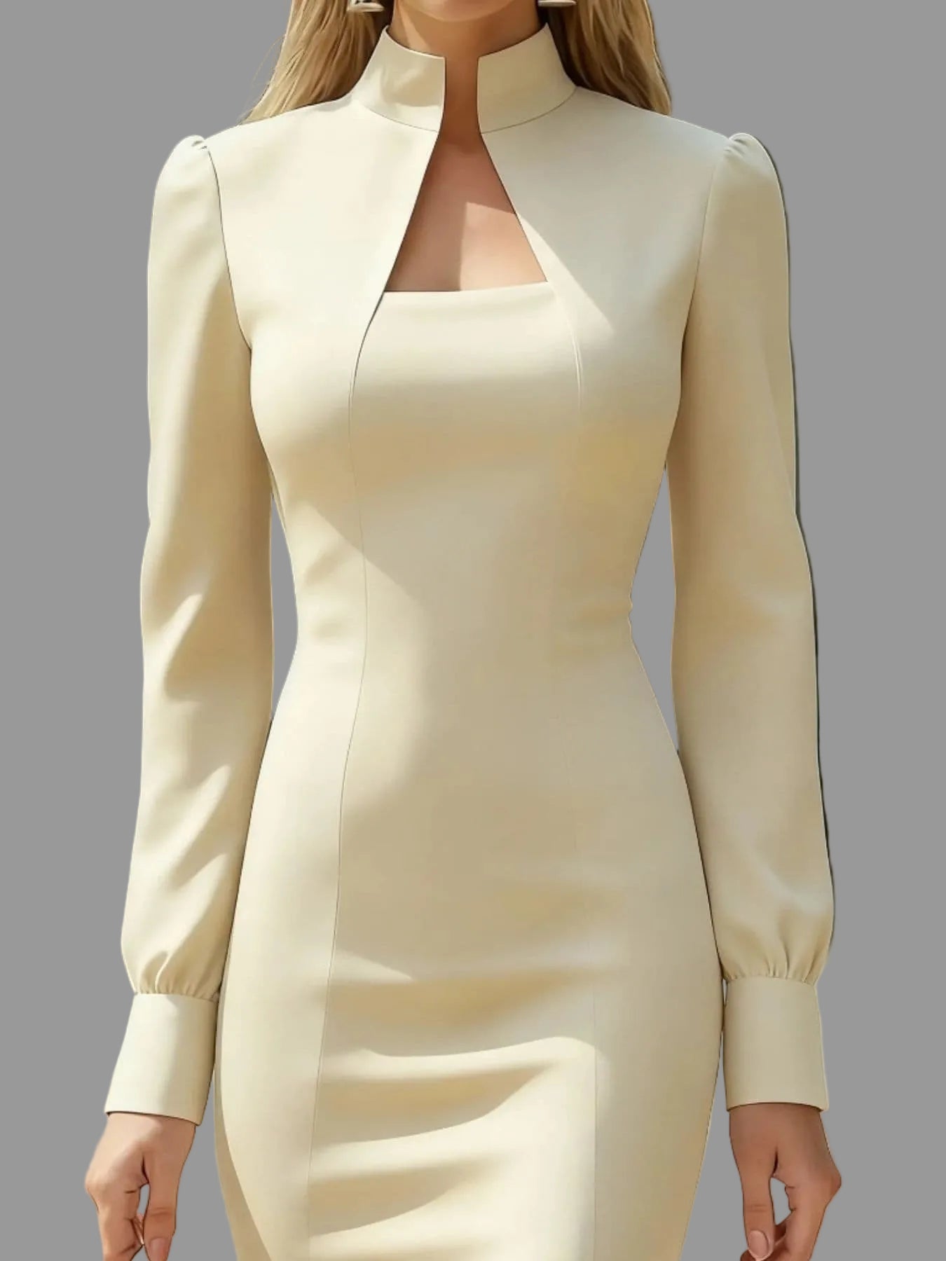 Slit High Neck Long Sleeve Dress Beige / S THE NICHOLE COLLECTION - Official Site