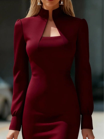 Slit High Neck Long Sleeve Dress Burgundy / S THE NICHOLE COLLECTION - Official Site