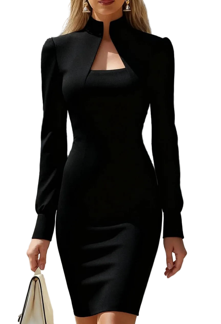 Slit High Neck Long Sleeve Dress Black / S THE NICHOLE COLLECTION - Official Site