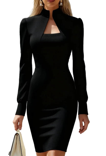 Slit High Neck Long Sleeve Dress Black / S THE NICHOLE COLLECTION - Official Site