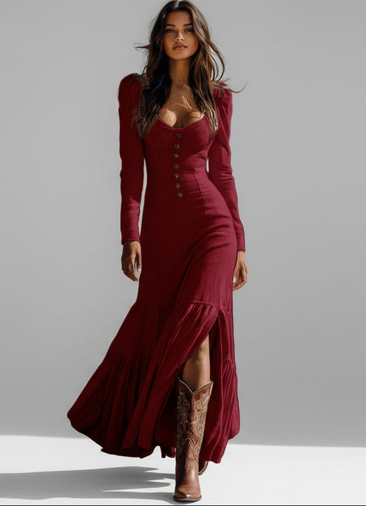 Slit Long Sleeve Tiered Maxi Dress Wine Red / S THE NICHOLE COLLECTION - Official Site