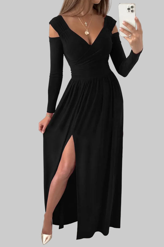 Slit Surplice Long Sleeve Maxi Dress Black / S The Nichole Collection
