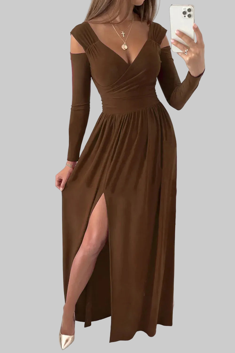 Slit Surplice Long Sleeve Maxi Dress Brown / S The Nichole Collection