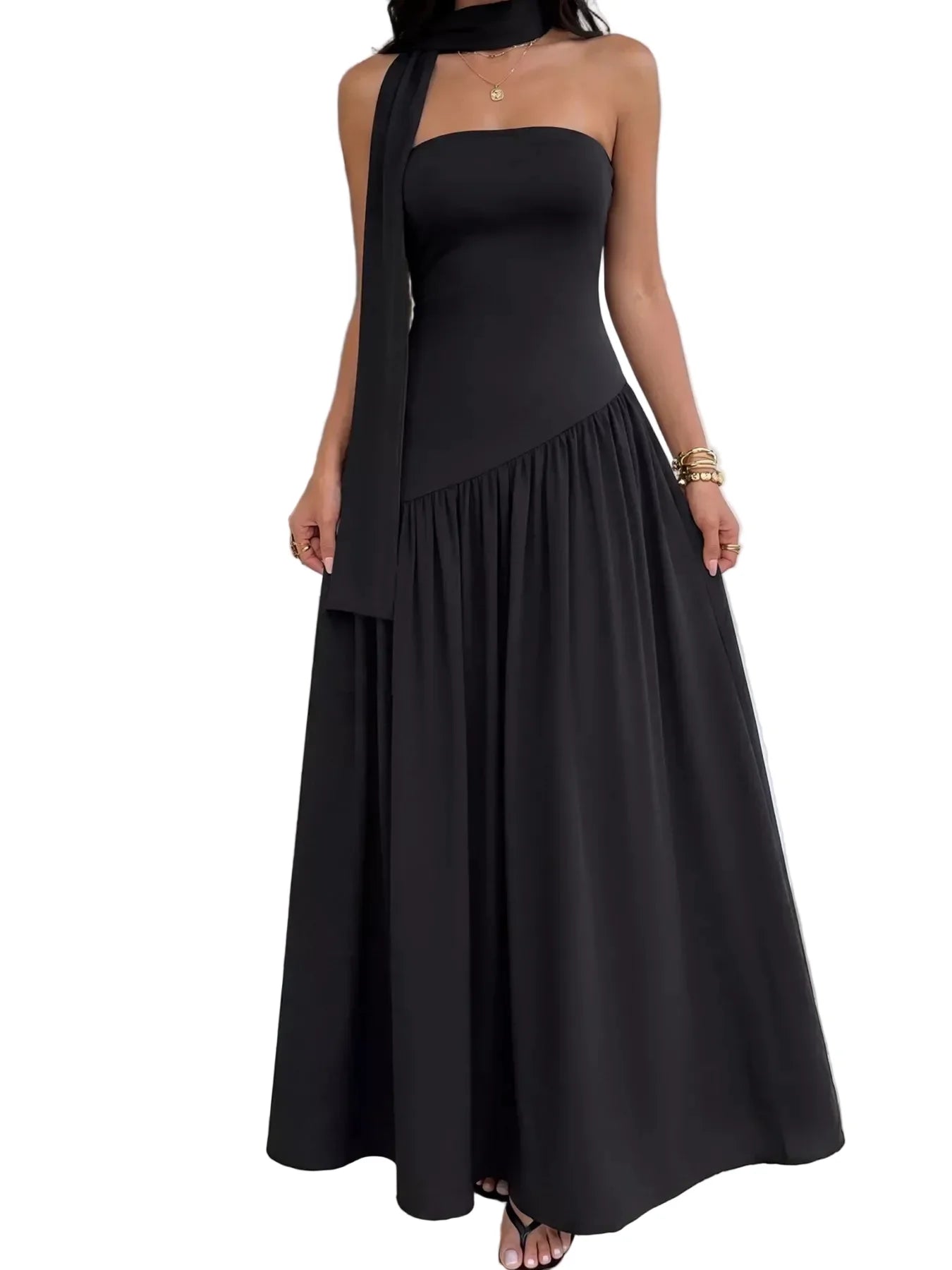 Slit Tube Maxi Dress with Scarf Black / S Maxi Dresses The Nichole Collection - Official Site