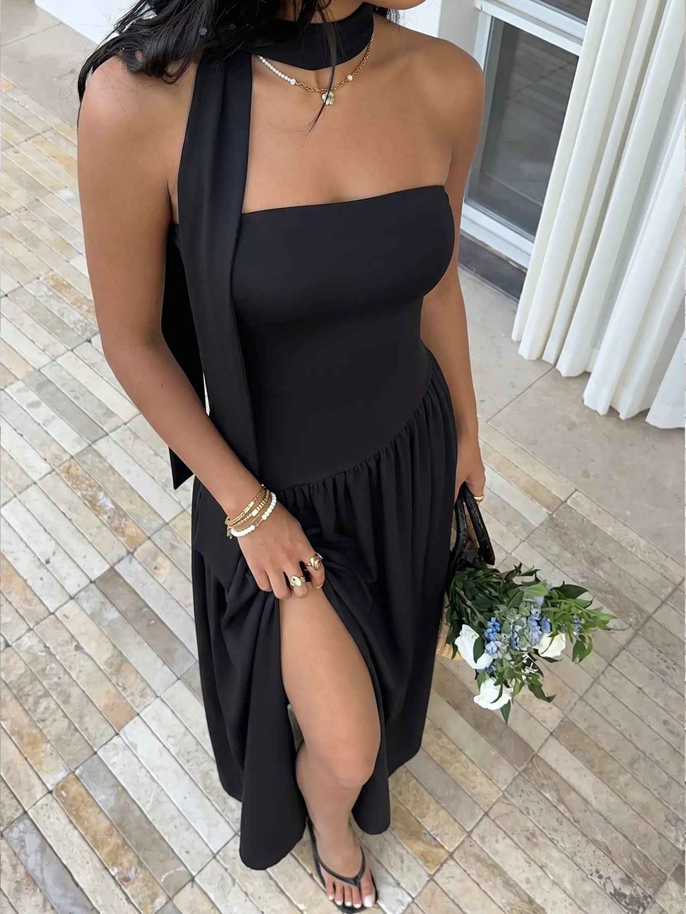 Slit Tube Maxi Dress with Scarf Maxi Dresses The Nichole Collection - Official Site