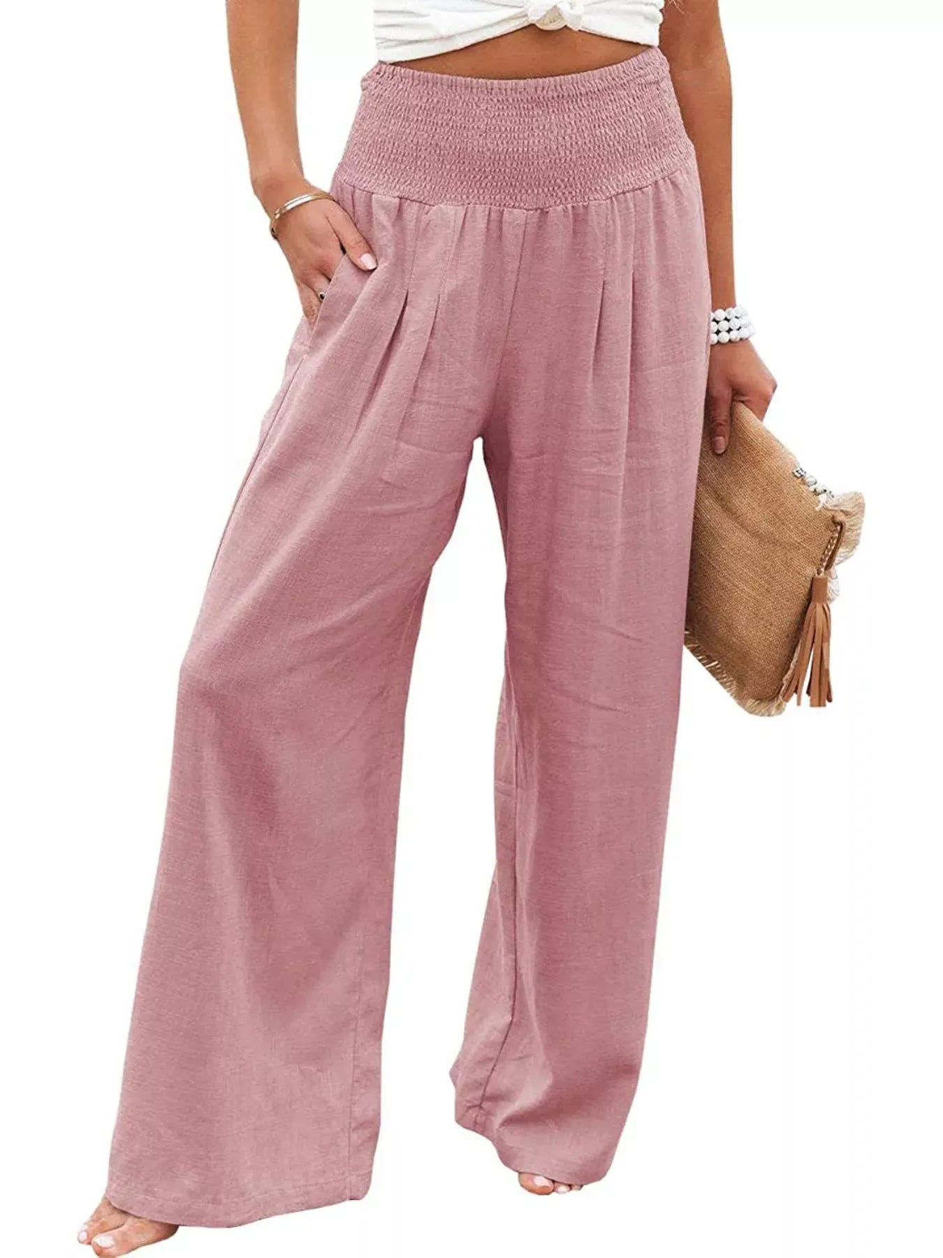 Smocked High Waisted Wide Leg Pants Dusty Pink / S The Nichole Collection - Official Site