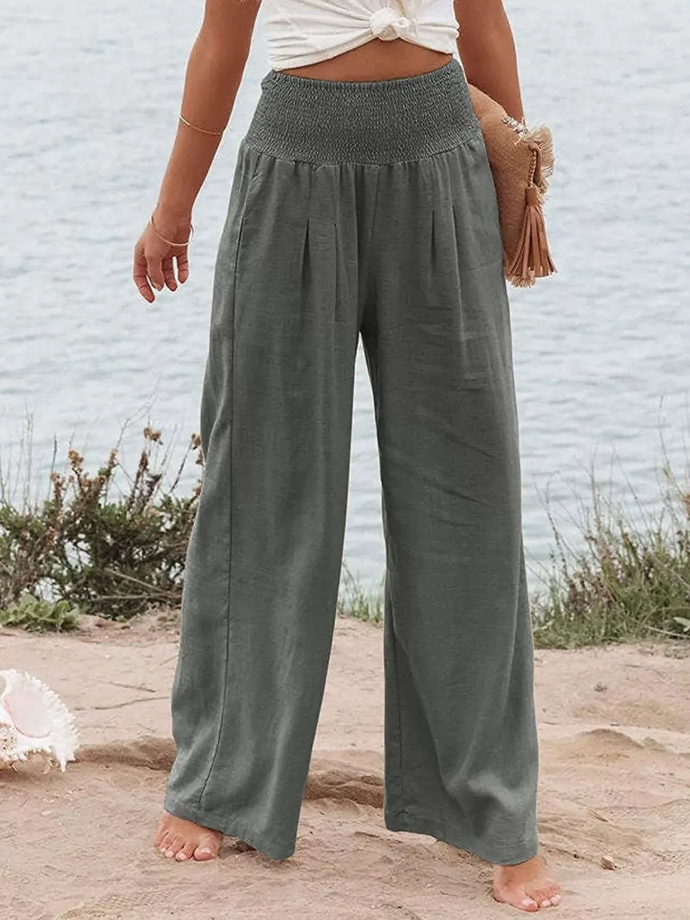 Smocked High Waisted Wide Leg Pants Dark Gray / S The Nichole Collection - Official Site