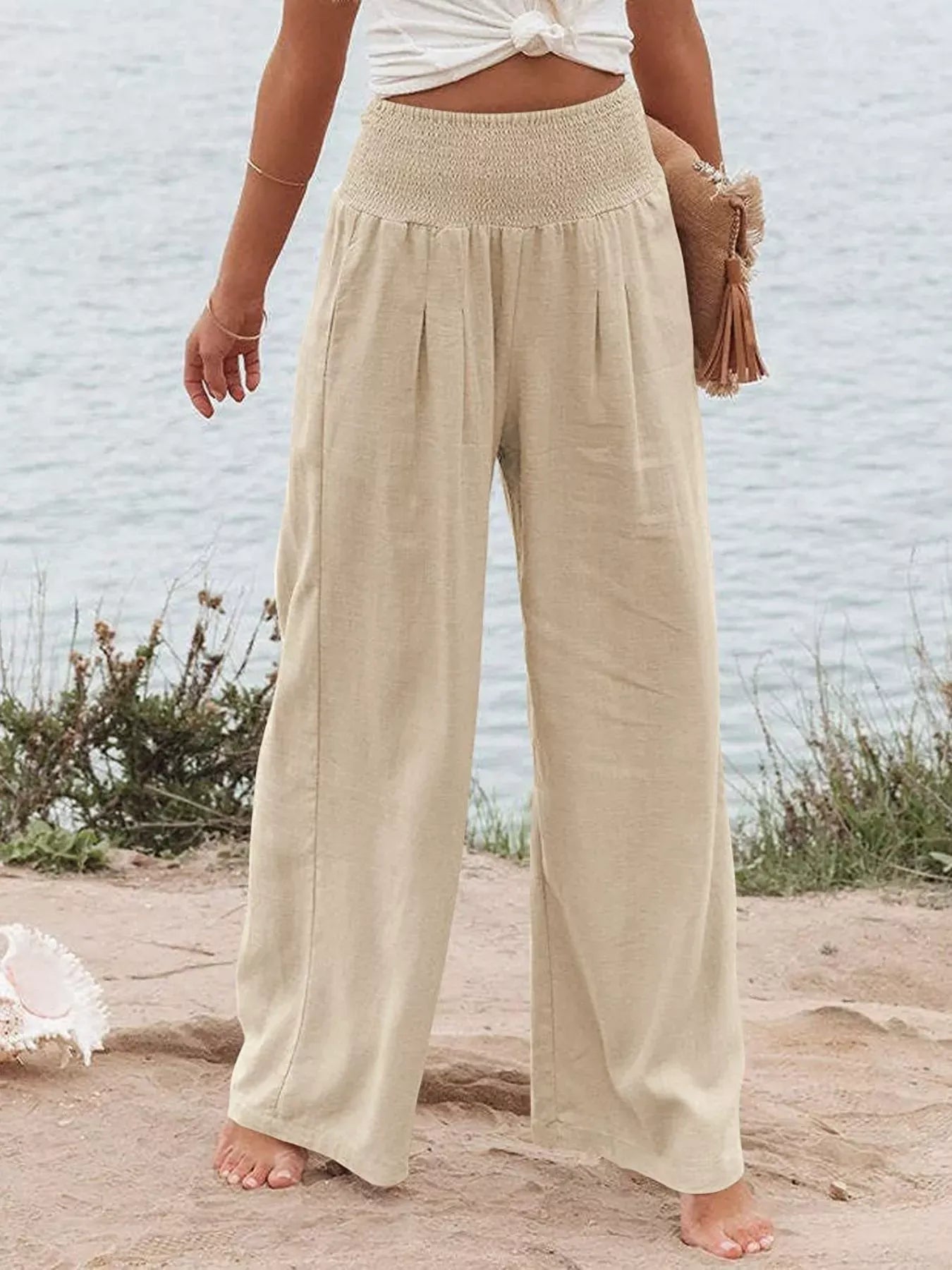 Smocked High Waisted Wide Leg Pants Tan / S The Nichole Collection - Official Site
