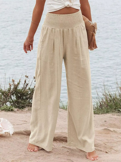 Smocked High Waisted Wide Leg Pants Tan / S The Nichole Collection - Official Site